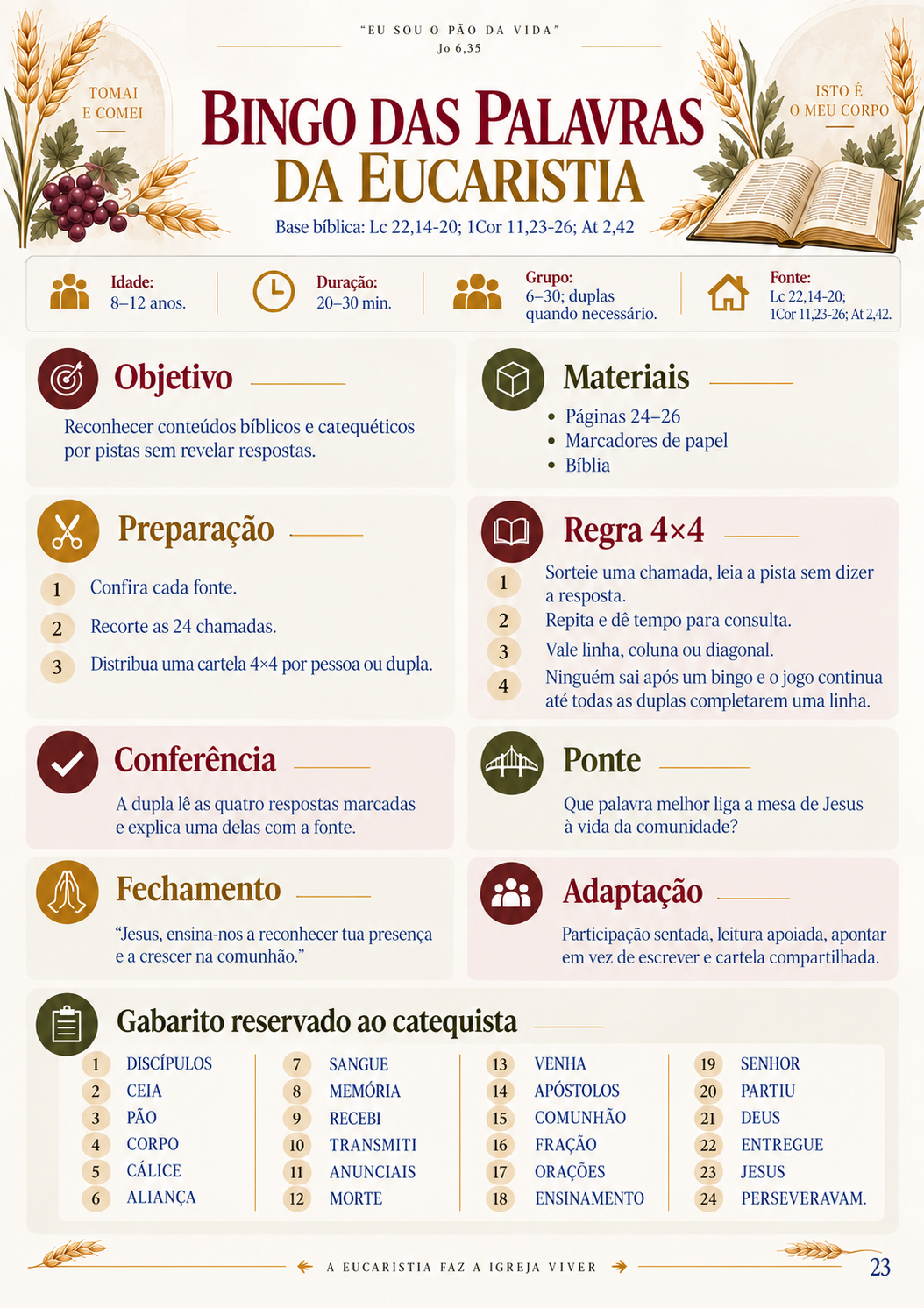 Guia do Bingo das Palavras da Eucaristia