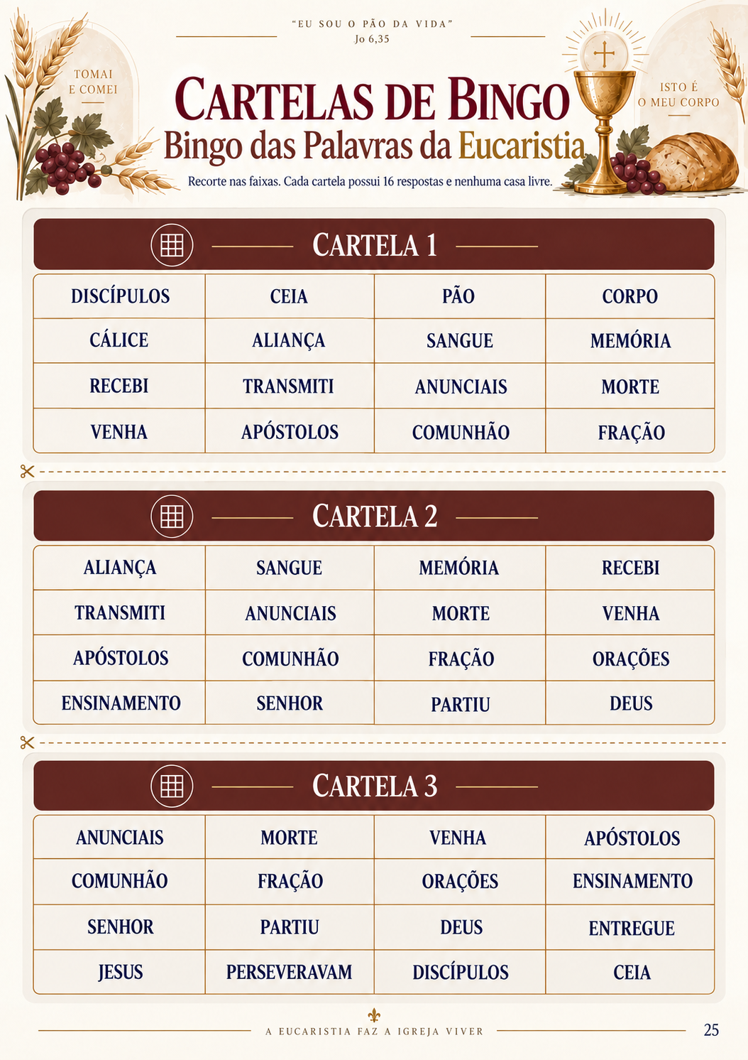 Cartelas do Bingo das Palavras da Eucaristia